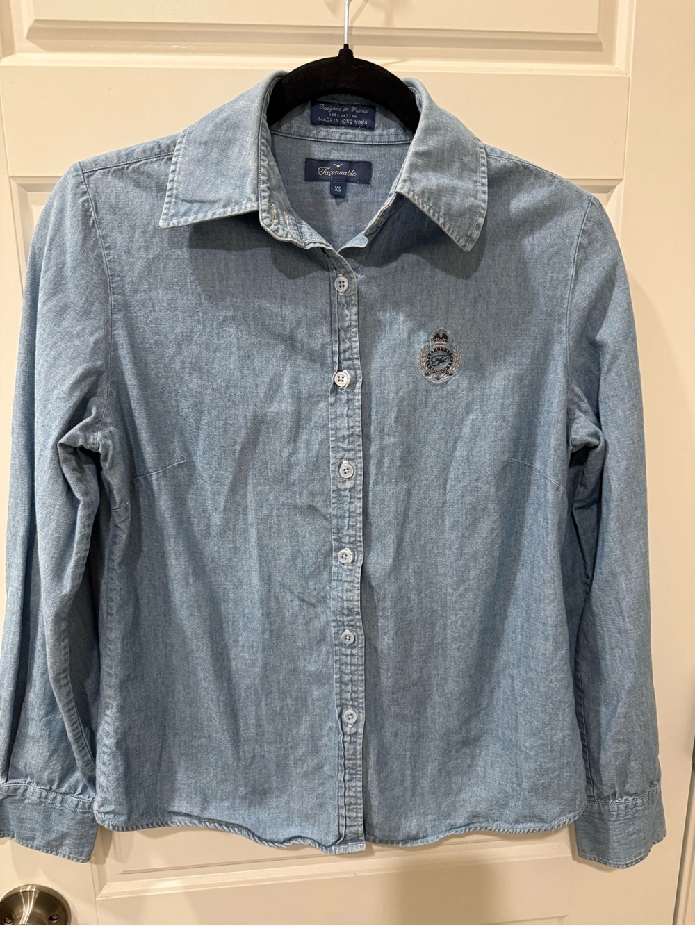 Faconnable 100% Cotton Light Wash Denim Button-up Shirt with Embroidered Crest